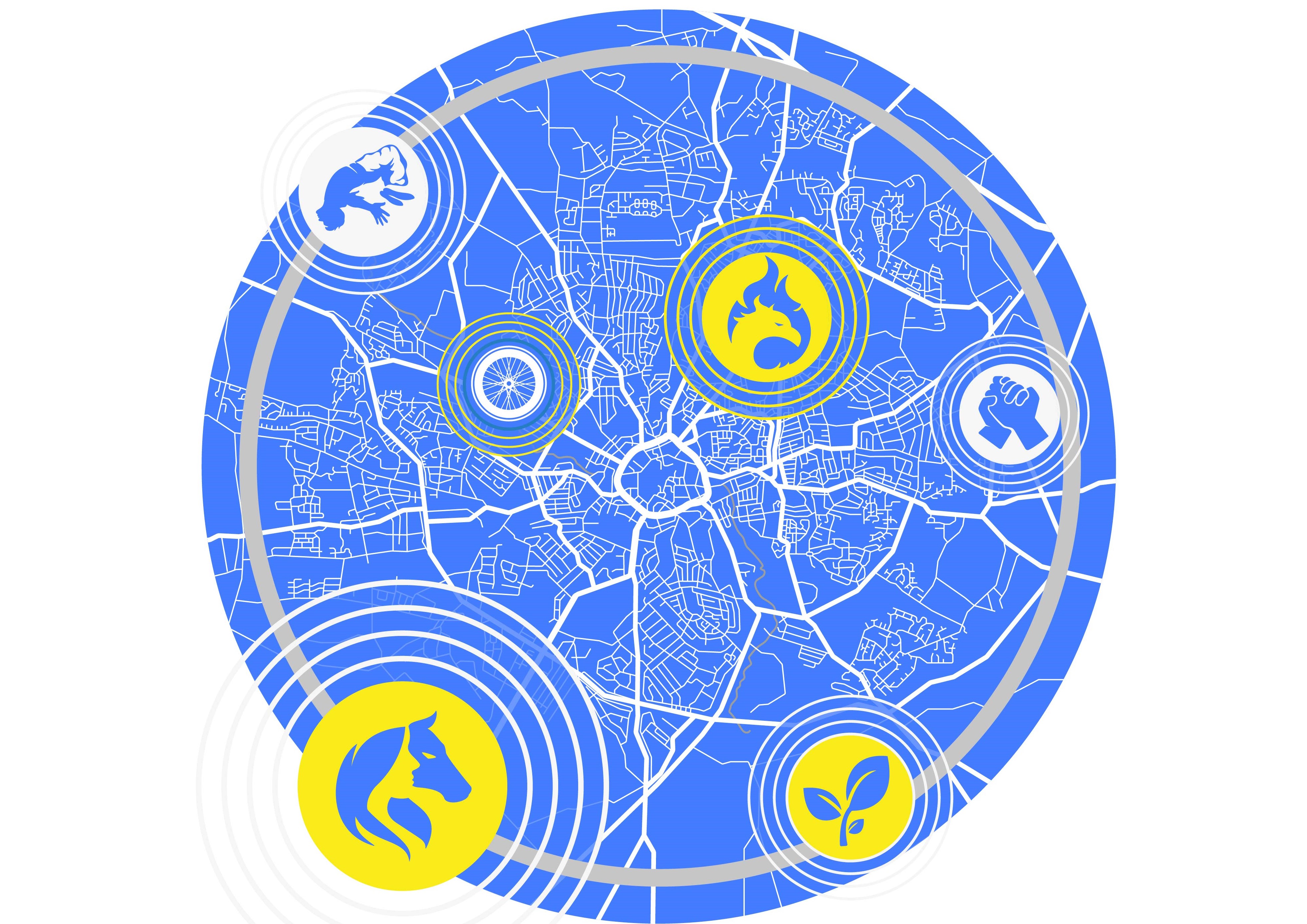 Image: Graphic of Coventry with icons.