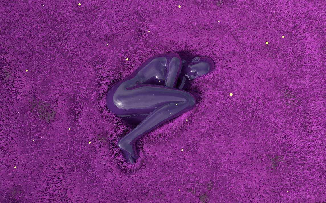 Image: A digital 3D illustration of a purple person curled up on purple grass. Artist: Edie Jo Murray.