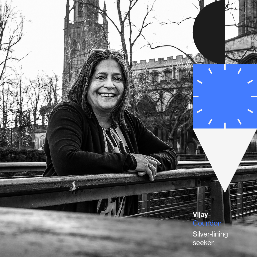 Image: A woman, Vijay, standing with Holy Trinity Church Spire in the background. Image reads: Vijay began her volunteering journey when her daughter went to university. Case Study. Coundon Silver-lining seeker. Image by Phoenix Creative.